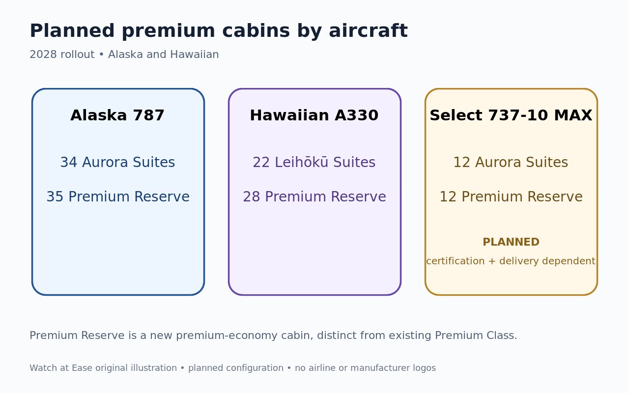 Watch at Ease原创示意图,对比Alaska 787、Hawaiian A330和部分737-10 MAX计划中的Aurora、Leihōkū和Premium Reserve座位数量。