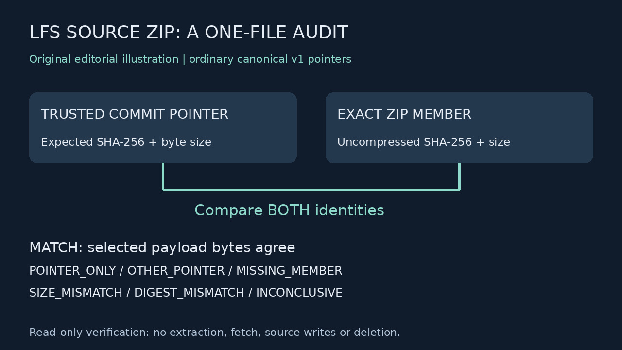 Original illustration comparing a trusted committed LFS pointer's SHA-256 and byte size with one exact ZIP member.