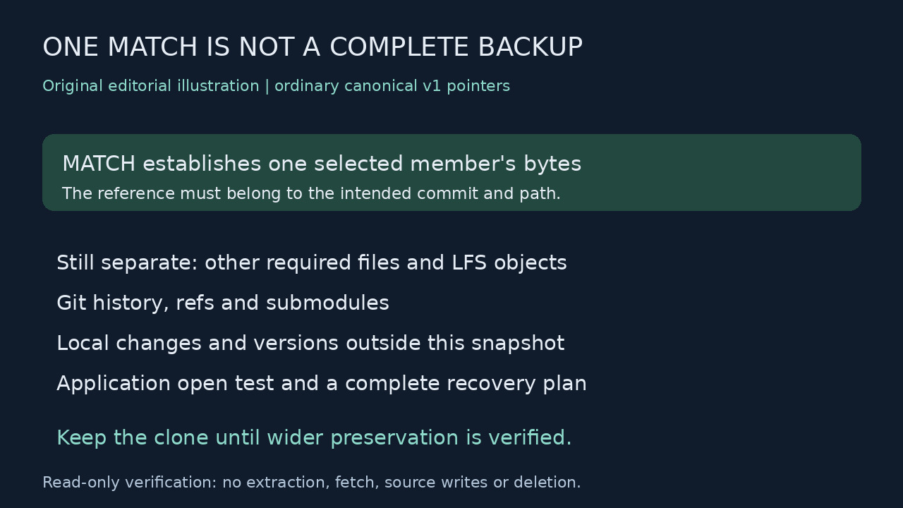 Original illustration showing that a one-file MATCH does not verify history, refs, submodules or local work.