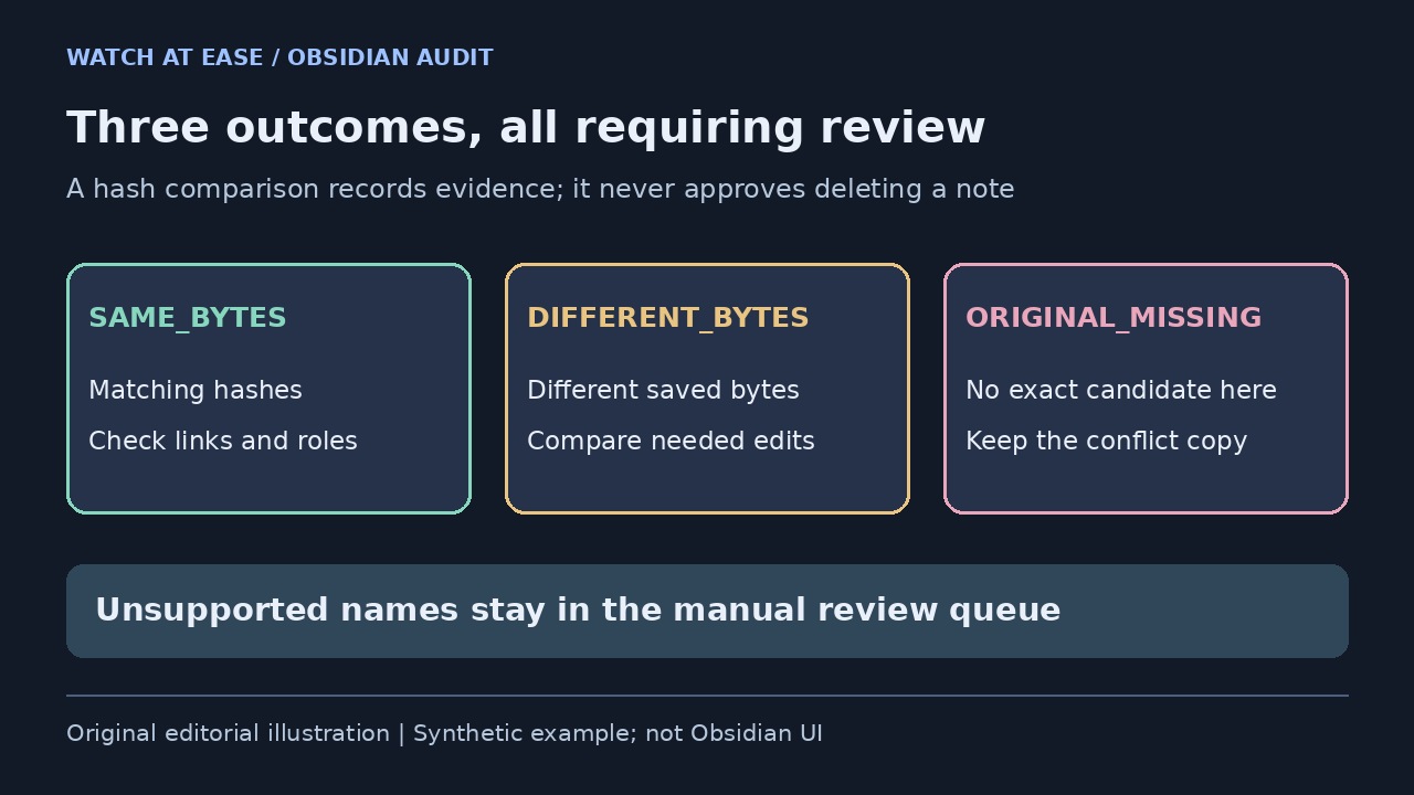 Original illustration of SAME_BYTES, DIFFERENT_BYTES and ORIGINAL_MISSING, plus the unsupported-name review queue.