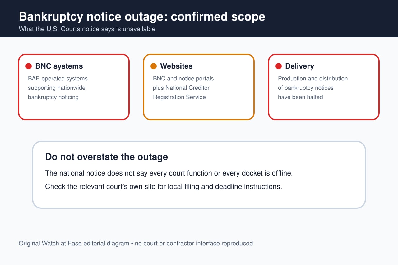 Diagram showing BNC systems, websites and bankruptcy notice production unavailable, with a warning not to generalize the outage.
