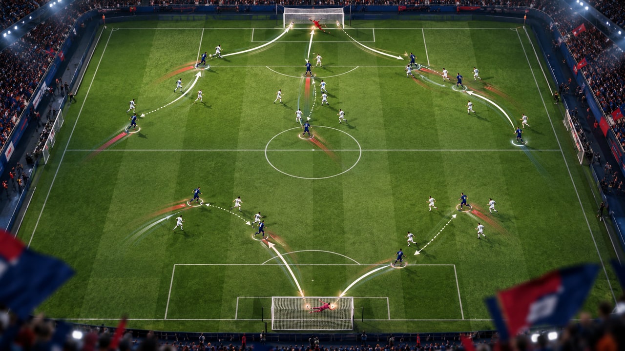Original overhead editorial illustration of five attacking routes ending at goal.