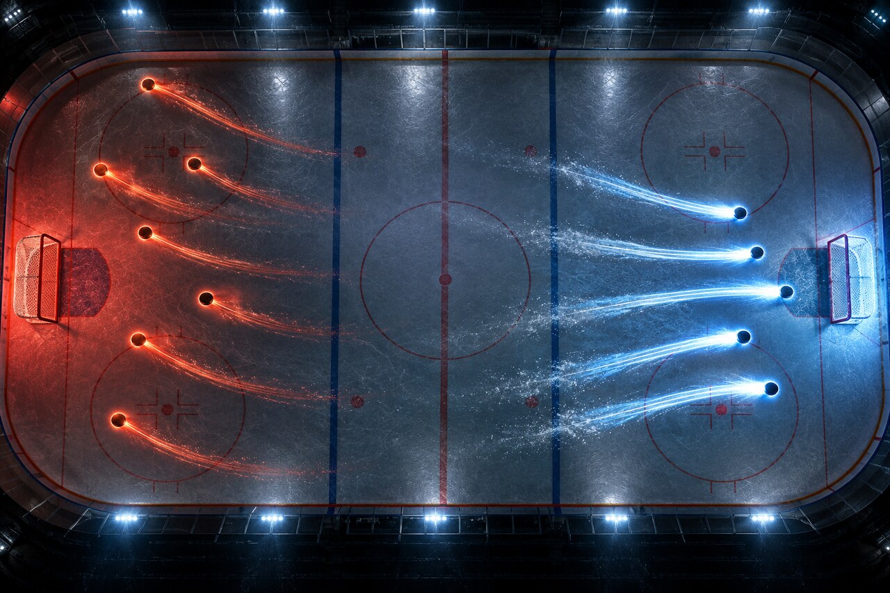 Original overhead hockey illustration with cool and warm puck trails moving toward opposite goals.