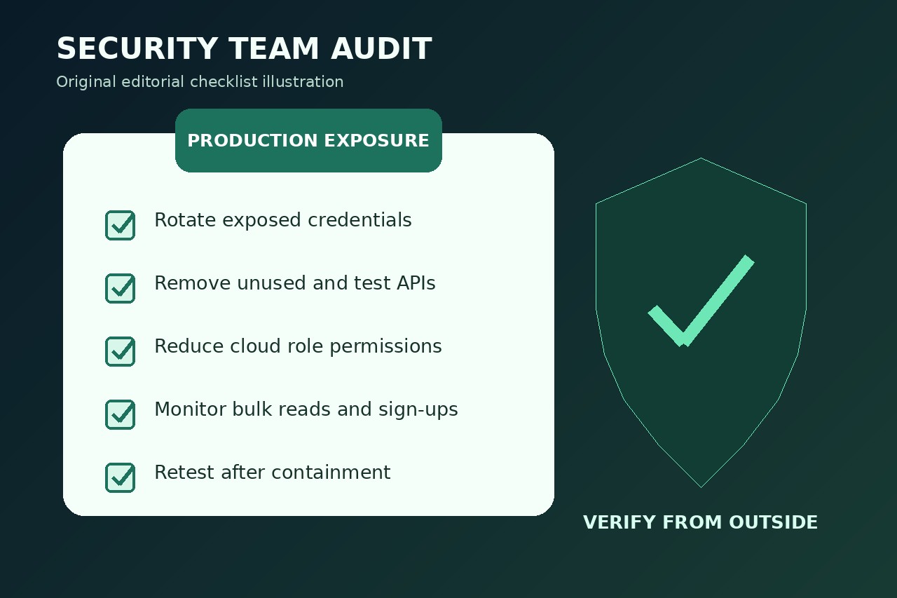 Original editorial checklist illustration for auditing credentials, APIs, cloud permissions, monitoring and post-containment retesting.