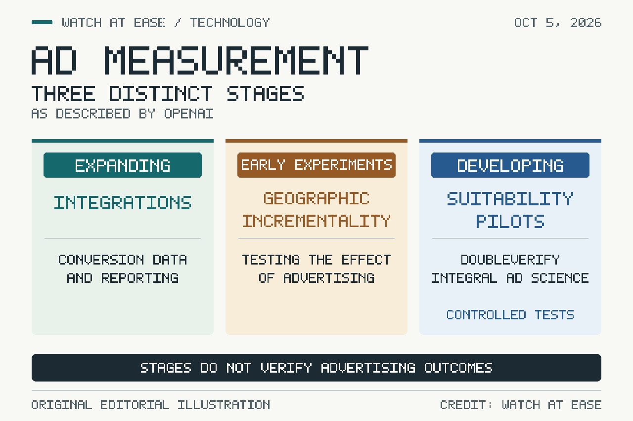 Original information graphic separating expanding measurement integrations, early geographic incrementality experiments and developing brand-suitability pilots.