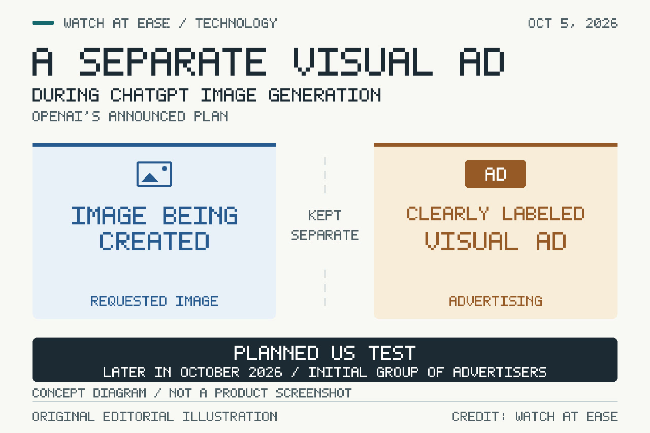 Original concept diagram with separate areas for an image being created and a clearly labeled visual ad, alongside the planned US test timing.