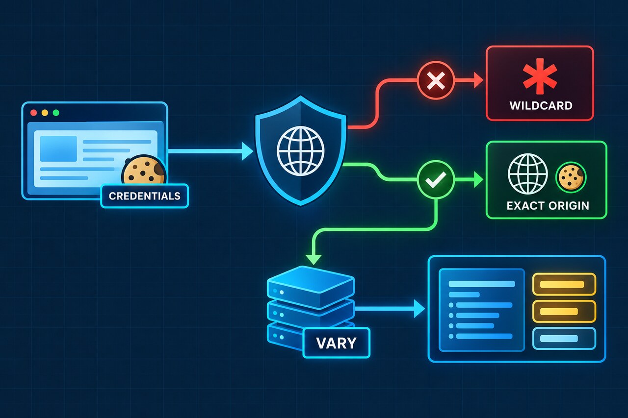 Original diagram contrasting credentials, wildcard origin, exact origin and Vary Origin rules.