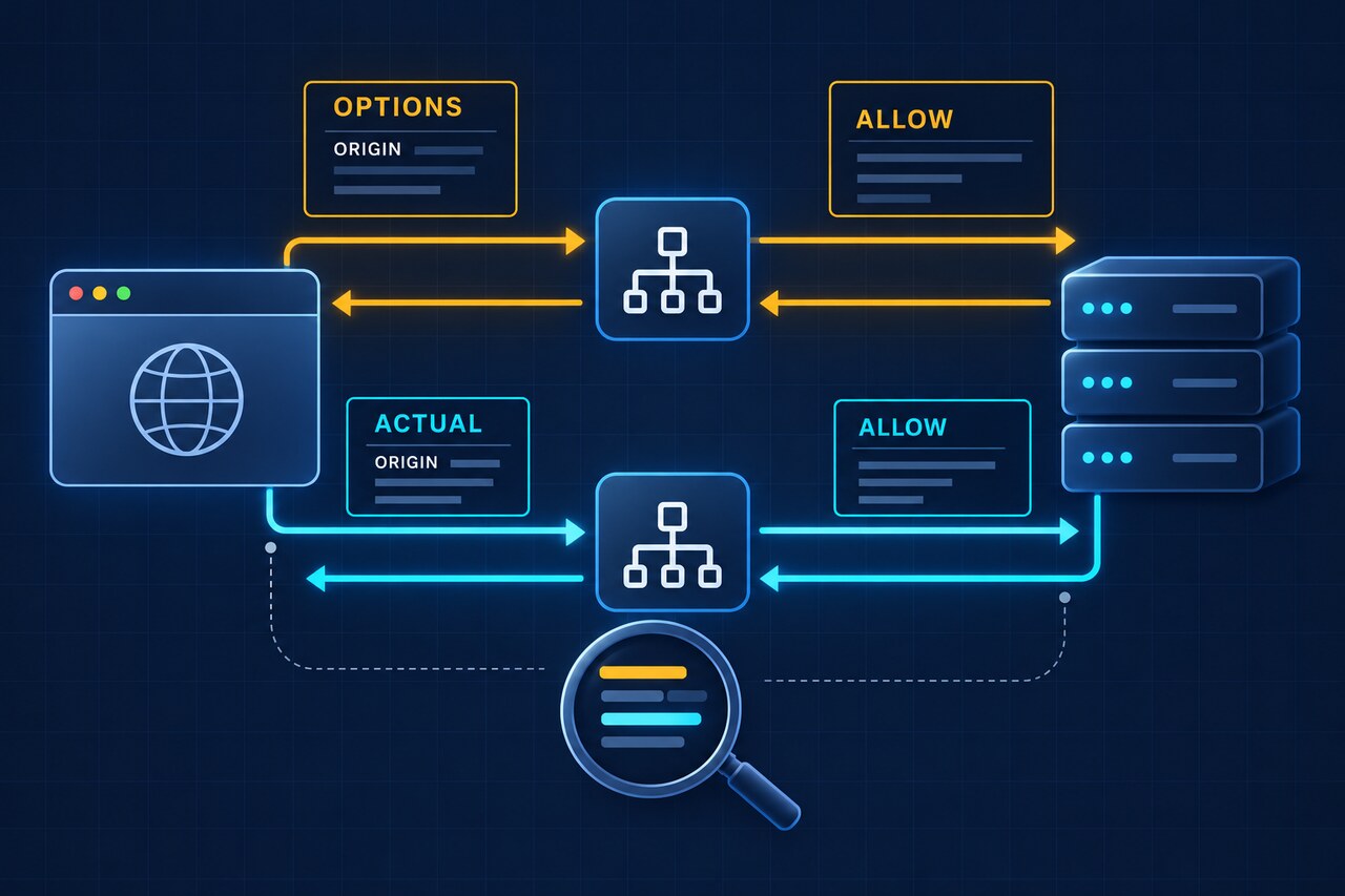 Original diagram showing OPTIONS, Origin, Allow and Actual stages in a browser CORS request chain.