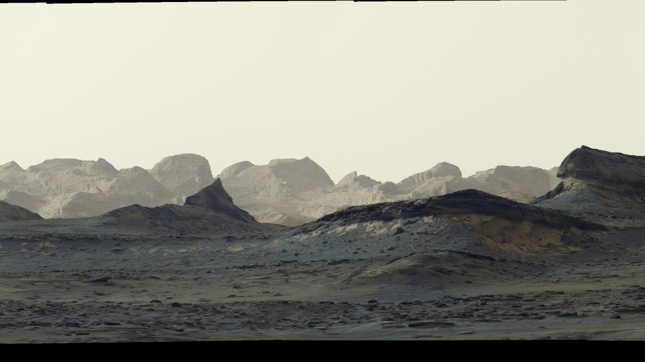 NASA/JPL-Caltech/MSSS全景图：蓝灰色的火星前景山脊与远处风蚀岩崖沐浴在明亮晨光中