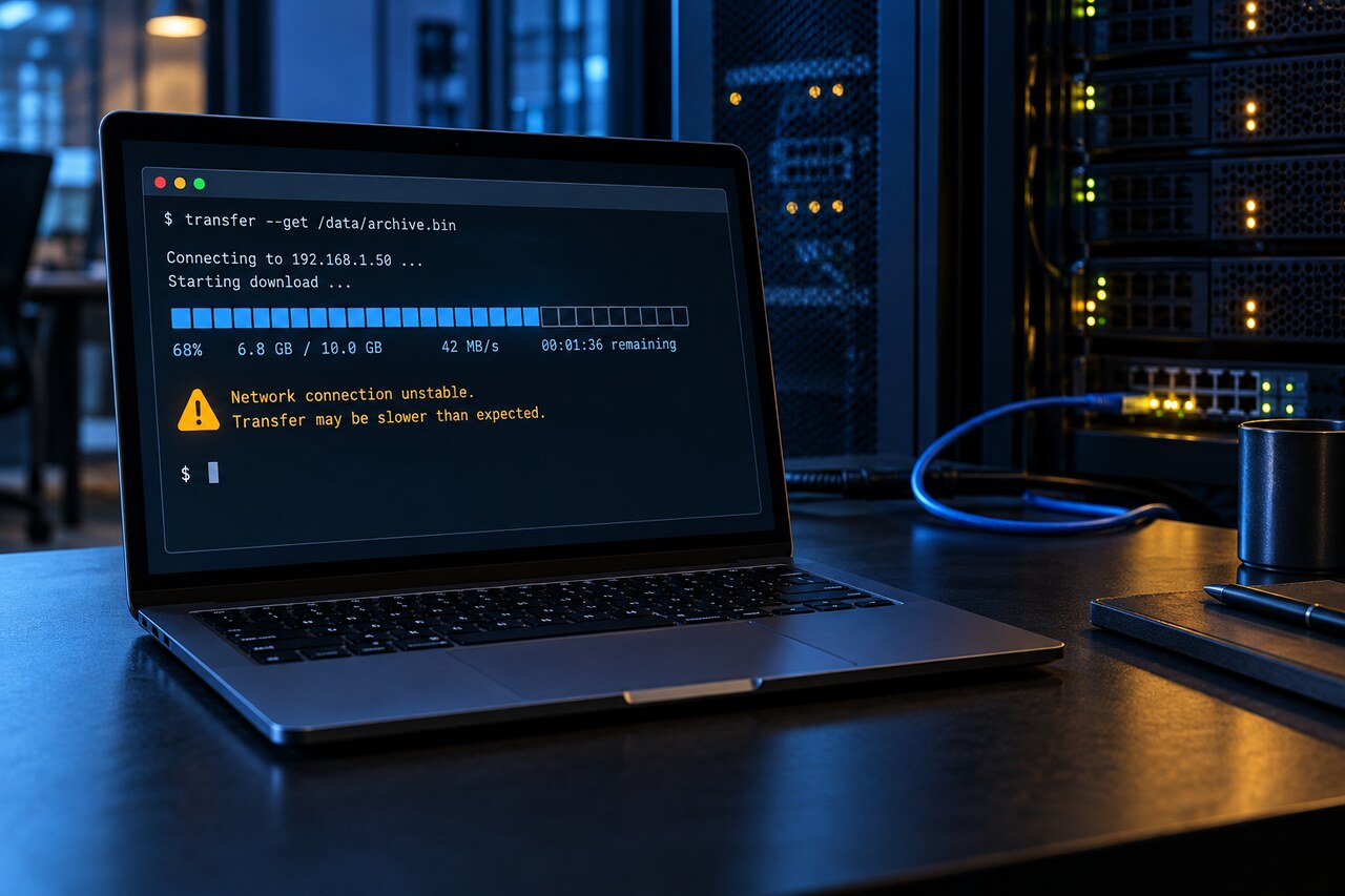 Original editorial image of a terminal showing an interrupted file transfer beside network equipment.