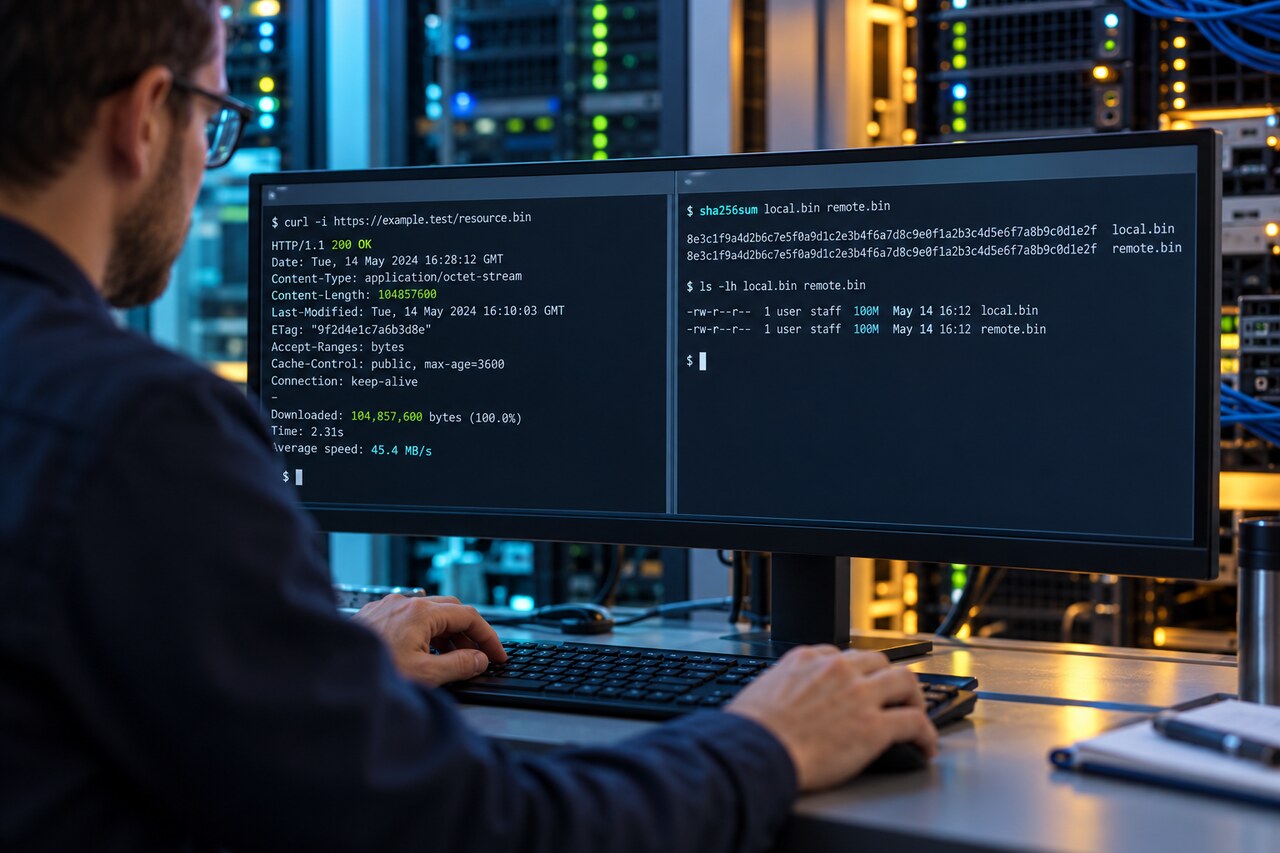 Original editorial image of an engineer comparing HTTP response headers, byte counts and checksums.