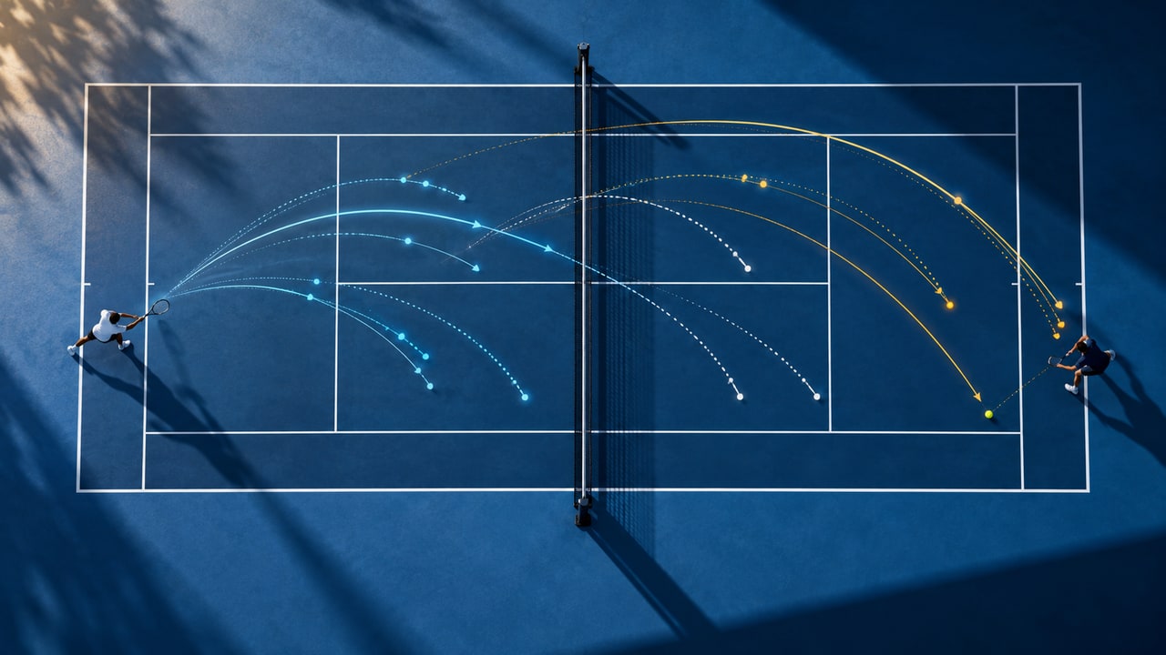 Original overhead tactical illustration of three-set tennis momentum and ball paths.