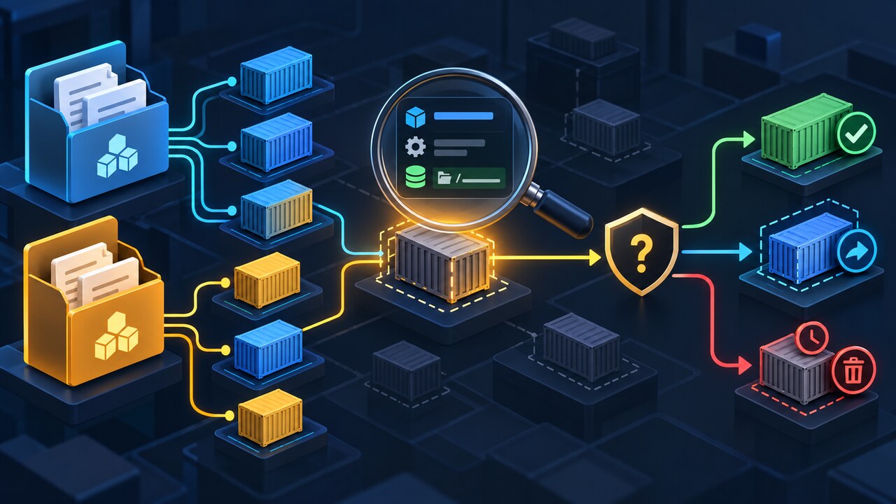 兩個 Docker Compose 專案群組在清理前接受容器歸屬核對的原創概念圖