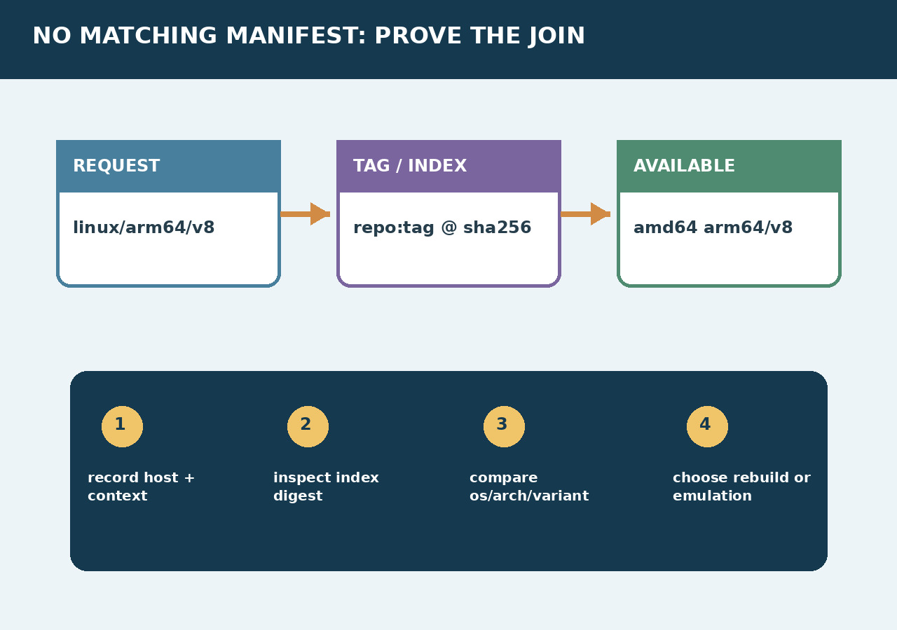 原创示意图：Docker 报 no matching manifest？先证明请求平台，再强制架构