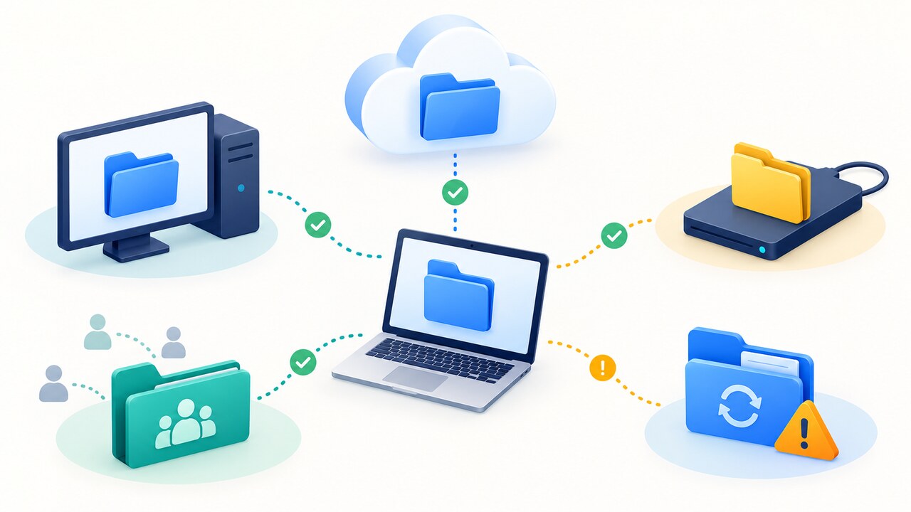 Generic laptop connected to distinct cloud, computer, external drive, shared-team and pending-sync folder locations