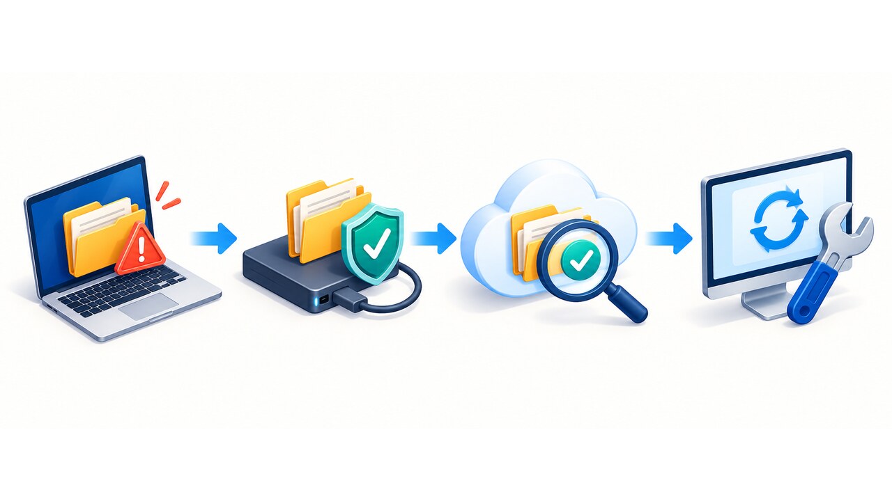 Warning on a local folder followed by a shielded backup, verified cloud copy and desktop repair in a safe left-to-right sequence