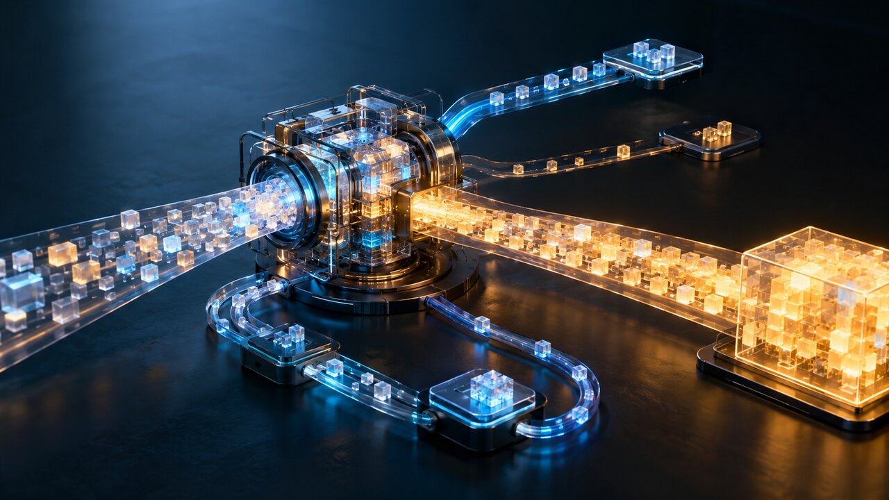 Editorial illustration of token blocks flowing through an abstract compute engine into fresh, cached, output and repeated-call paths