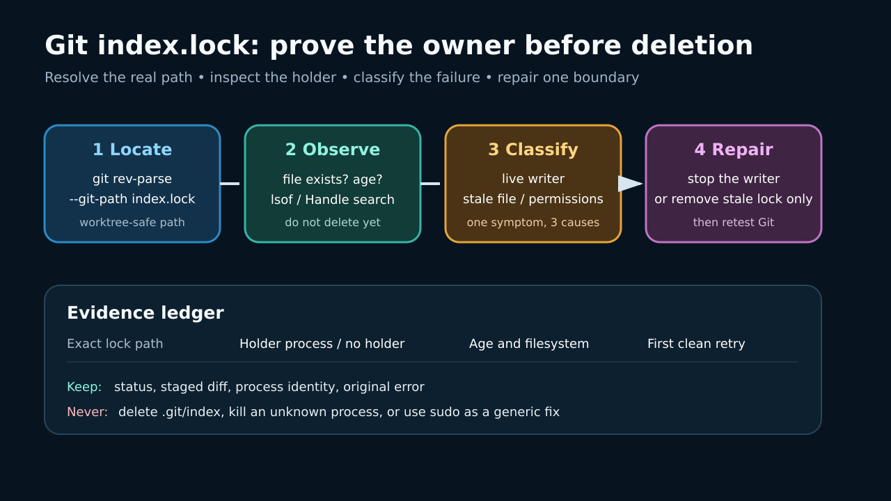 Original diagram showing the locate, observe, classify and repair sequence for Git index.lock.