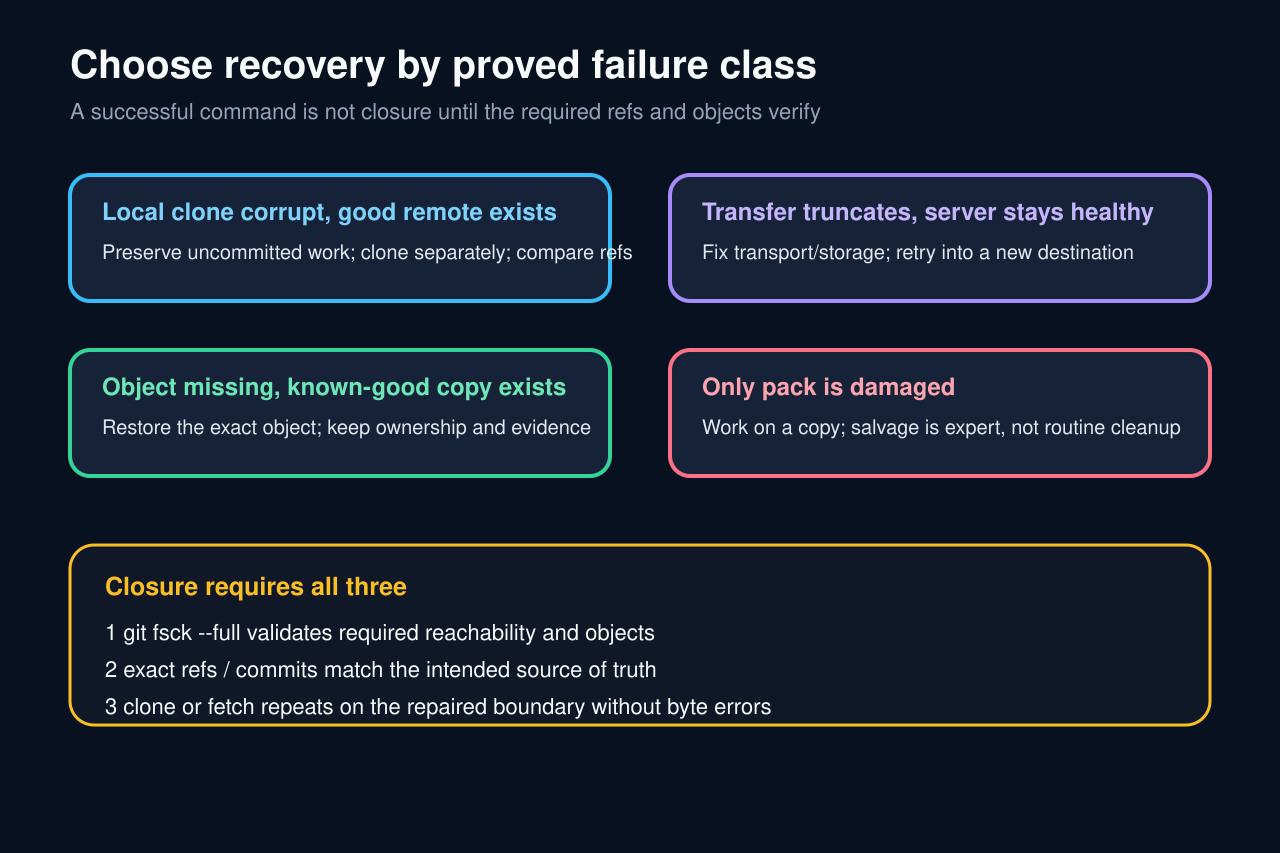 Original decision diagram for local corruption, transfer truncation, missing objects, and damaged pack recovery.