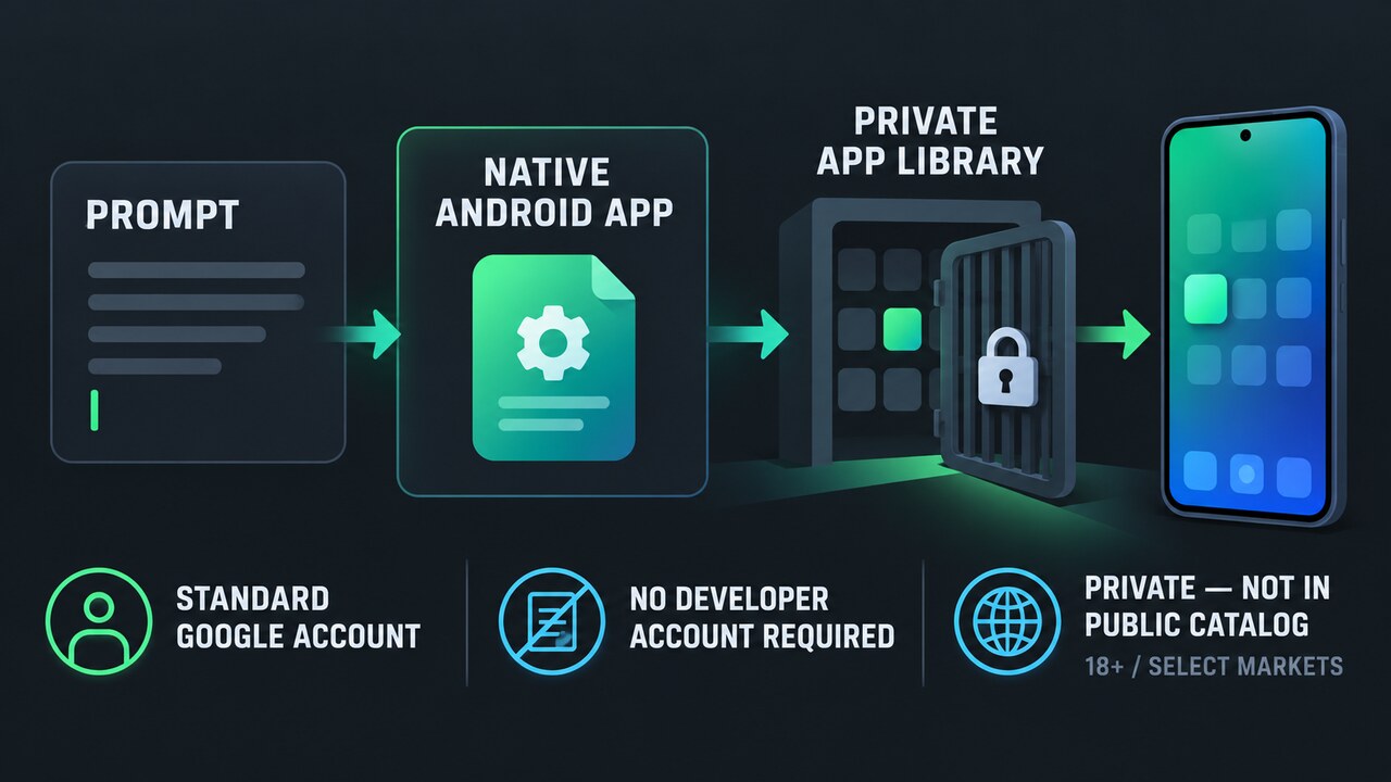 Original editorial illustration of a prompt becoming a private Android app on its creator’s phone