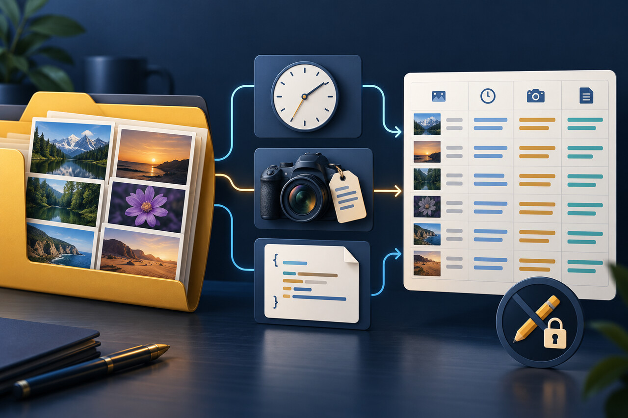 Original editorial illustration of a photo export flowing through filesystem, embedded-tag and JSON date evidence into a read-only audit table.