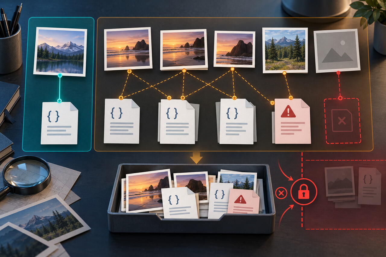 Original editorial illustration contrasting one traceable photo-to-JSON match with ambiguous duplicate, truncated, missing and invalid sidecar branches.