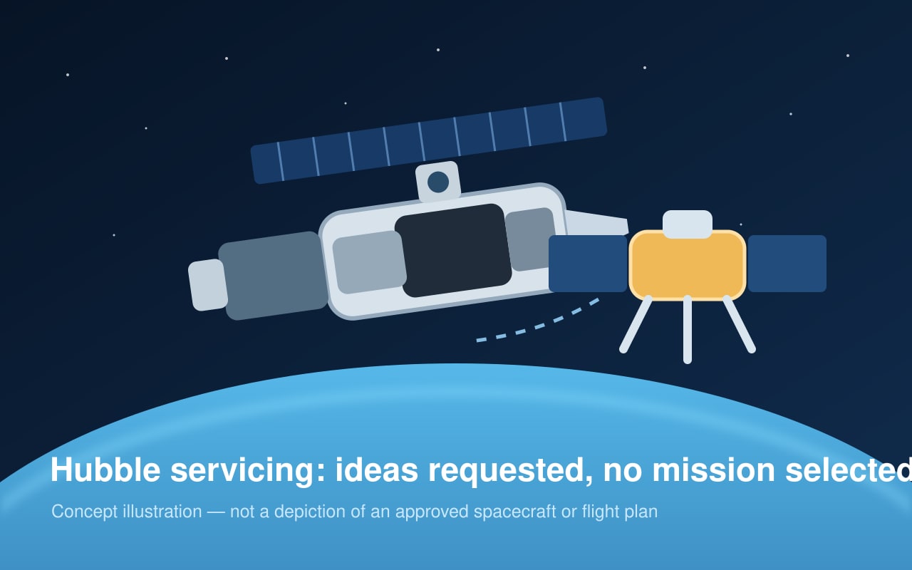 Original concept illustration of an unbranded servicing craft approaching a Hubble-like space telescope above Earth.