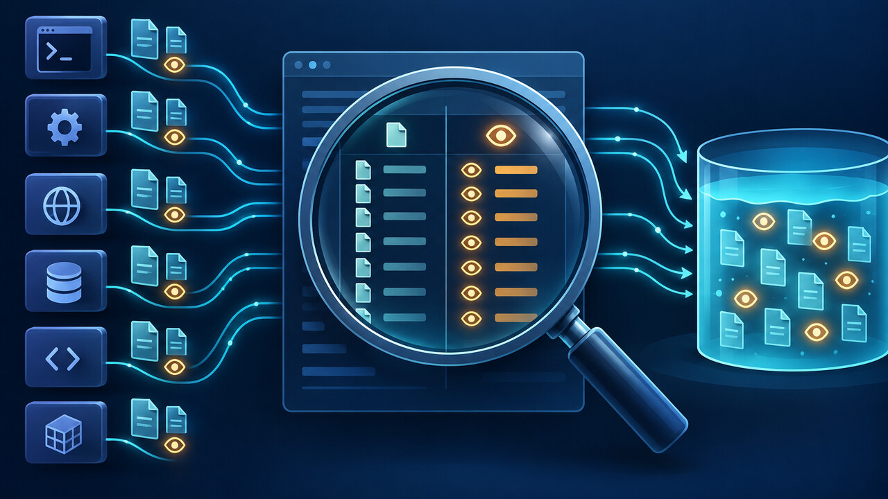 Original concept illustration of multiple process consumers, a read-only inspection ledger and a shared inotify resource pool.