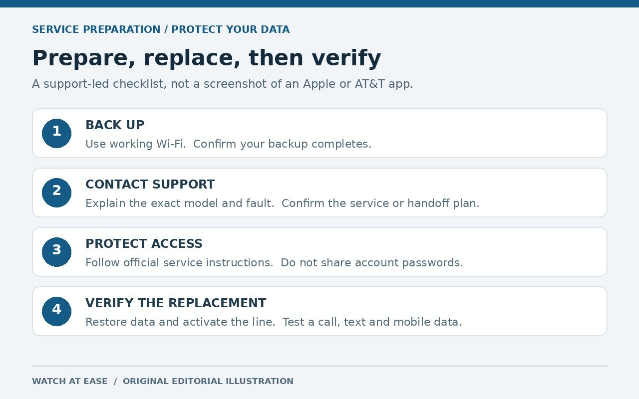 Original editorial illustration of backup, support contact, account protection and call, text and data checks after replacement.