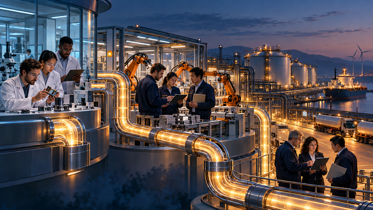 Ilustración original que conecta laboratorio, manufactura automatizada e infraestructura energética.