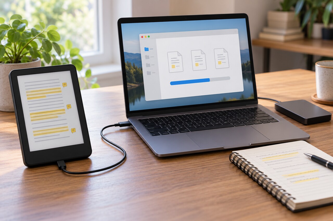 通用電子書閱讀器透過 USB 連接電腦,螢幕顯示抽象備份檔案,旁邊放著紙本筆記本。