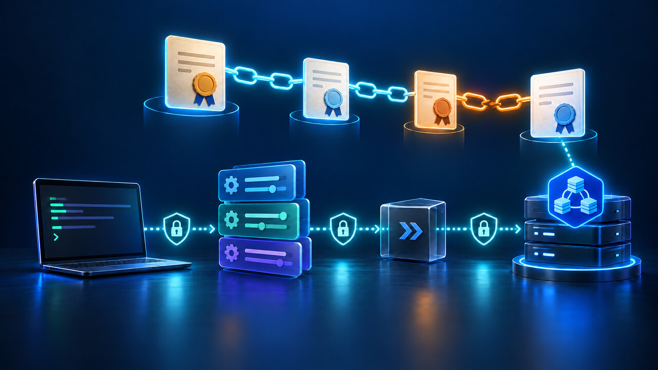 原创示意图：客户端依次经过配置、代理和证书链检查点，最终连接到通用集群端点。