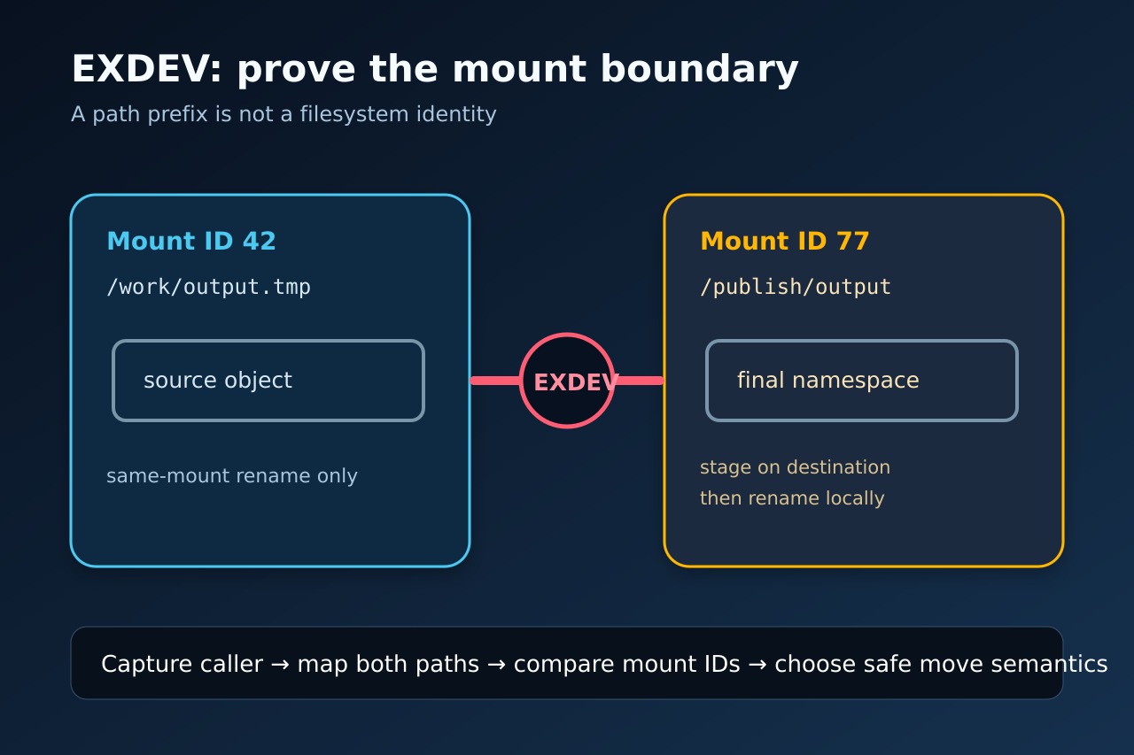 源挂载 ID 42 与目标挂载 ID 77 之间出现 EXDEV 的对比图