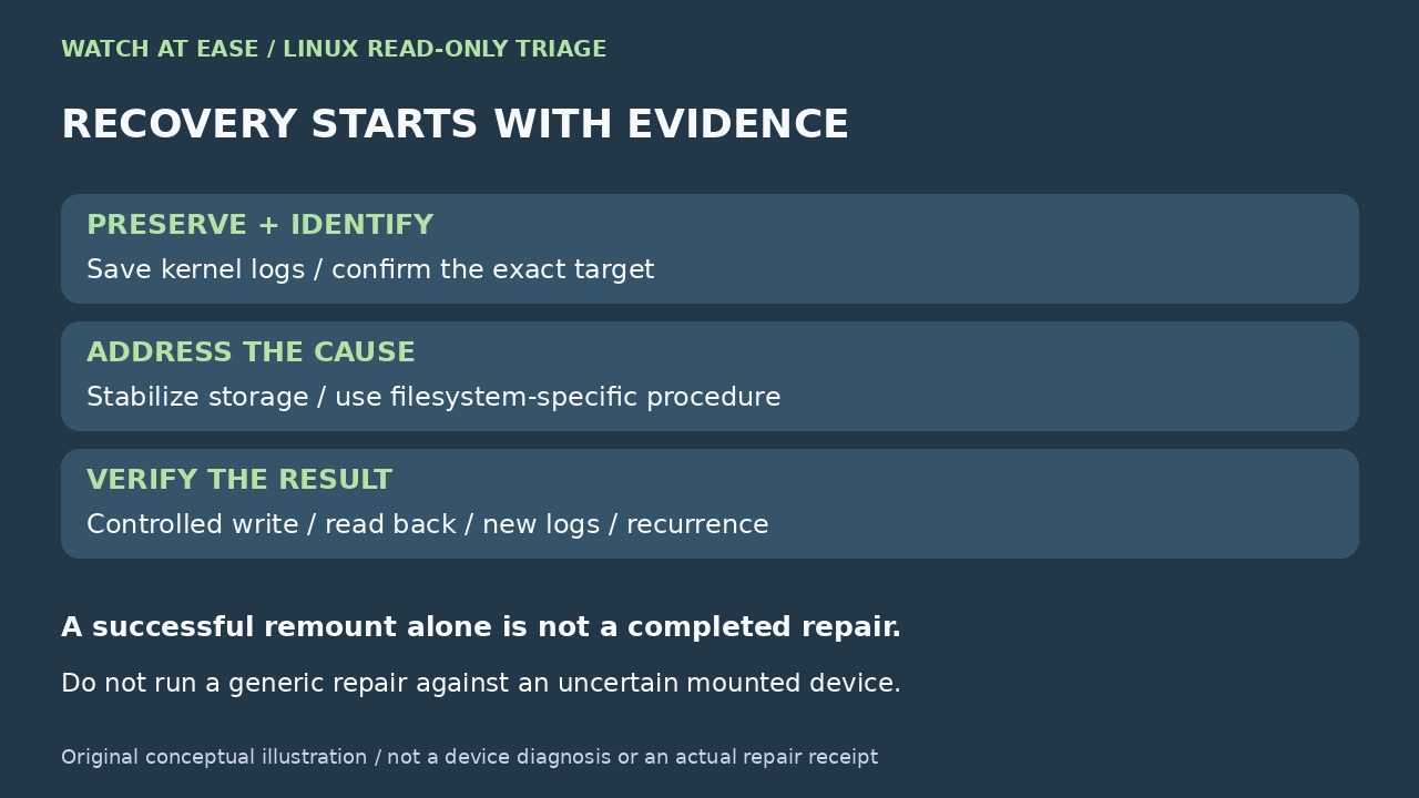 Original editorial illustration: Preserve evidence and verify recovery beyond remounting
