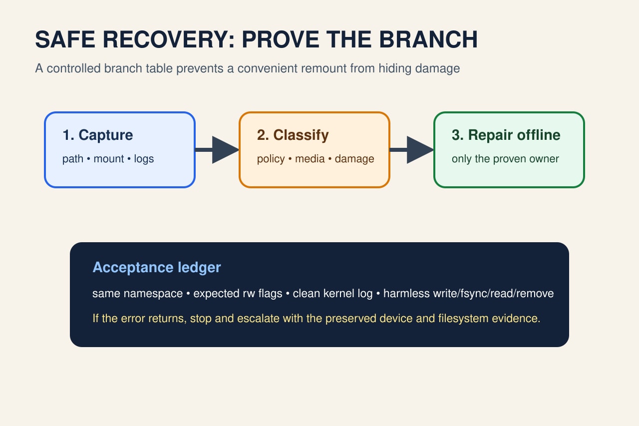 Original recovery diagram showing evidence capture, policy or damage classification, owned repair and same-namespace acceptance.