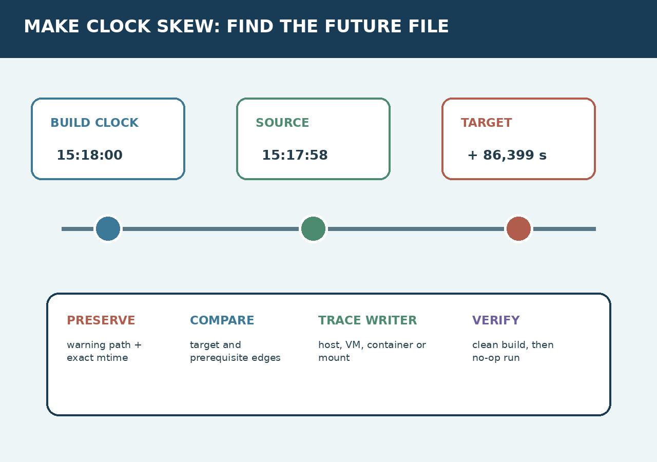 オリジナルイラスト:make の clock skew:ツリー全体を touch する前に未来時刻を証明する