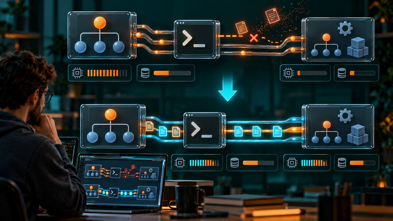 Original editorial illustration of a developer tracing and repairing a recursive build boundary.