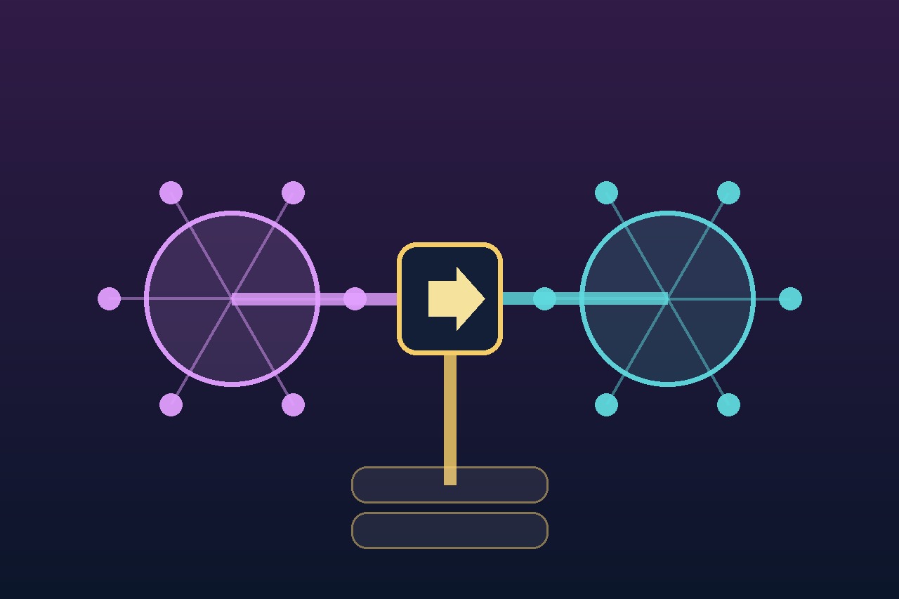 两个技术能力集群通过整合关口相连的原创抽象插图。