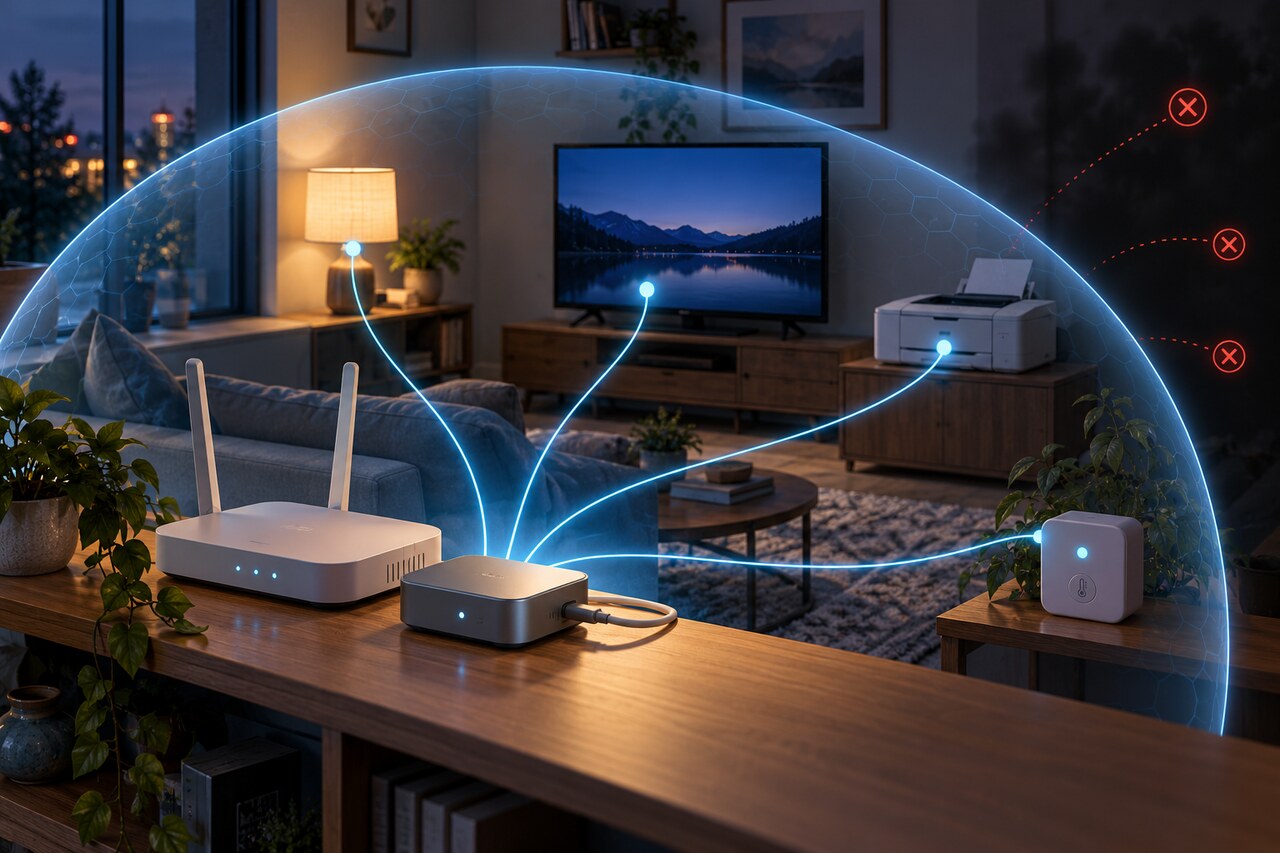 Ilustración editorial original de un puente doméstico USB-C genérico, un router y dispositivos dentro de un límite de red restringido.