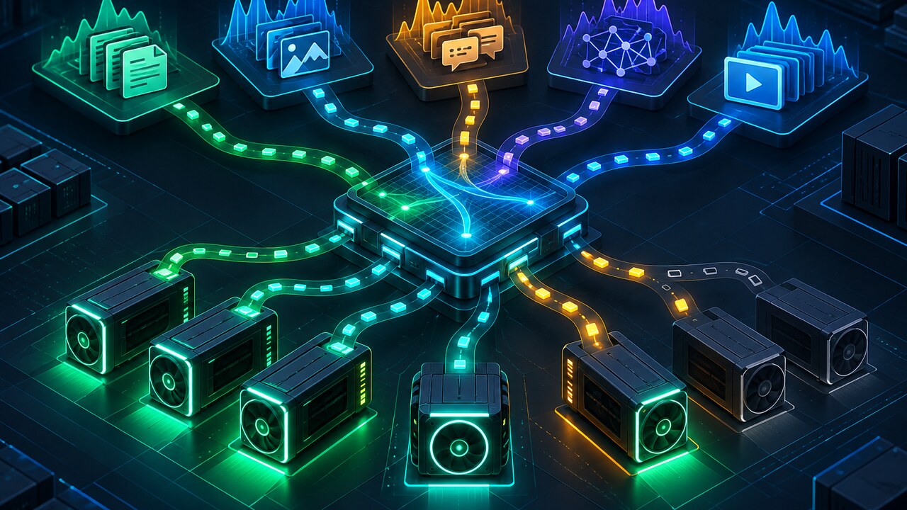Original editorial illustration of changing AI workloads being routed across a pool of GPU accelerators