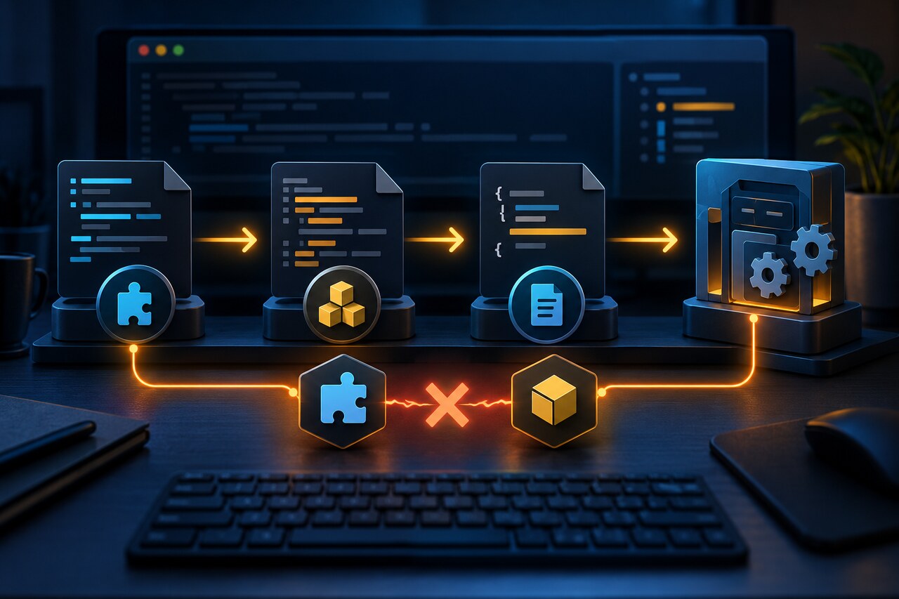 原创技术图：从源码、编译输出和包元数据追踪到 Node 运行时。