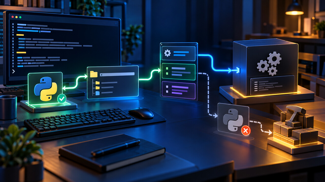 Original illustration of an installed Python interpreter being traced through npm environment selection into a native build.