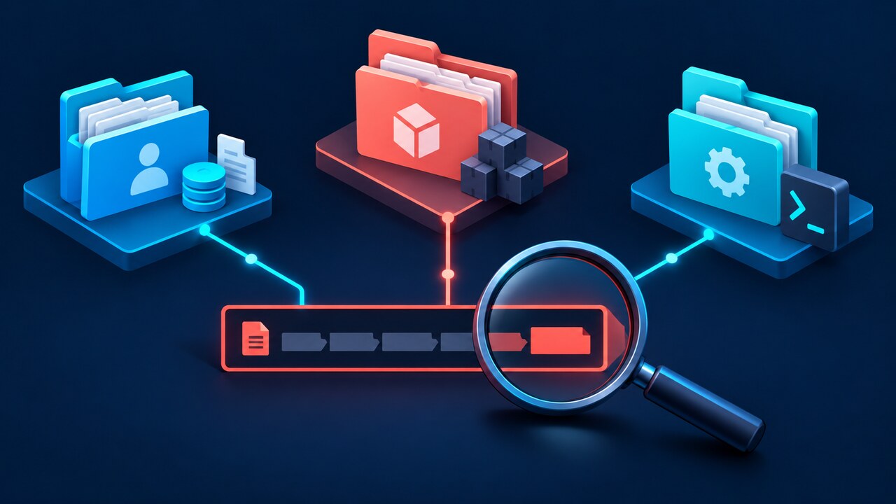 Original concept illustration showing three filesystem scopes connected to a magnified failing npm path.