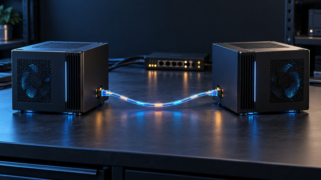 2台の独立した汎用小型AIワークステーションをネットワークケーブルで接続したオリジナル編集用イラスト。