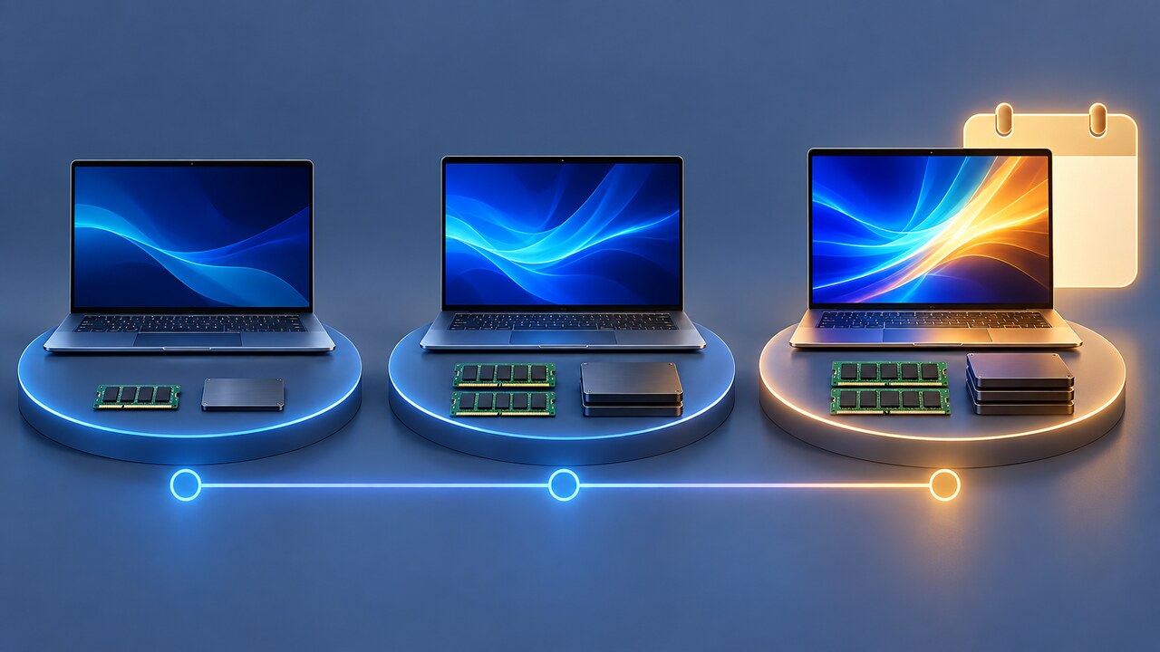 Original editorial illustration of a three-stage laptop configuration timeline