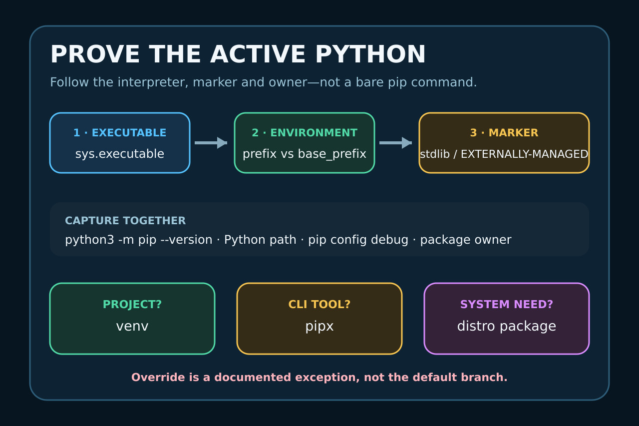 オリジナル図:sys.executable、venv 状態、マーカー、所有者を確認する流れ。