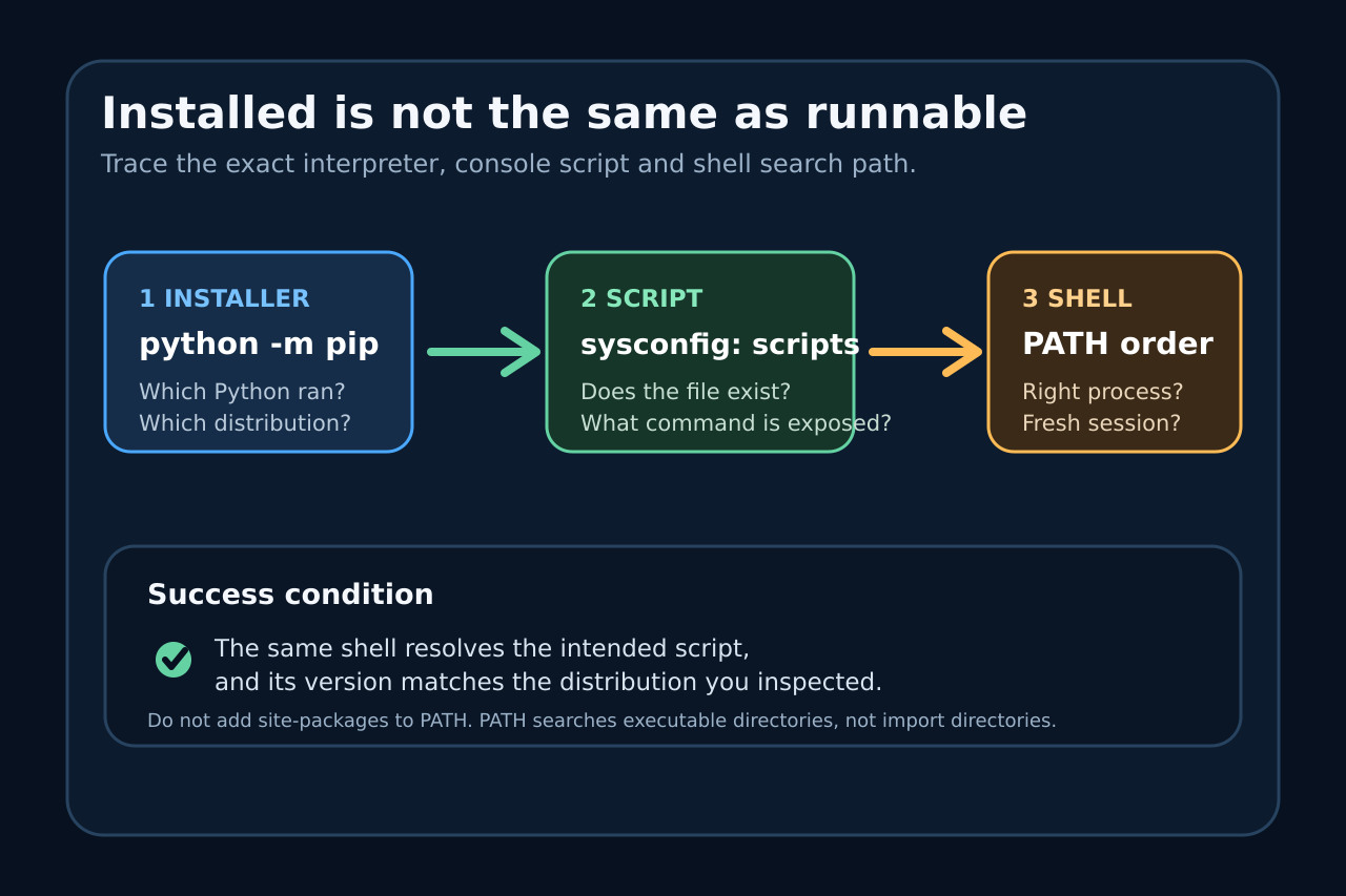 原创技术图：Python 包从安装器经过 scripts 目录到 shell PATH 的追踪。