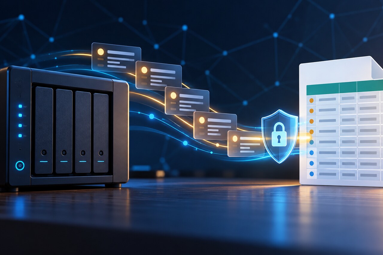 Original editorial illustration of a generic home media server exporting protected event records to a CSV-style sheet.
