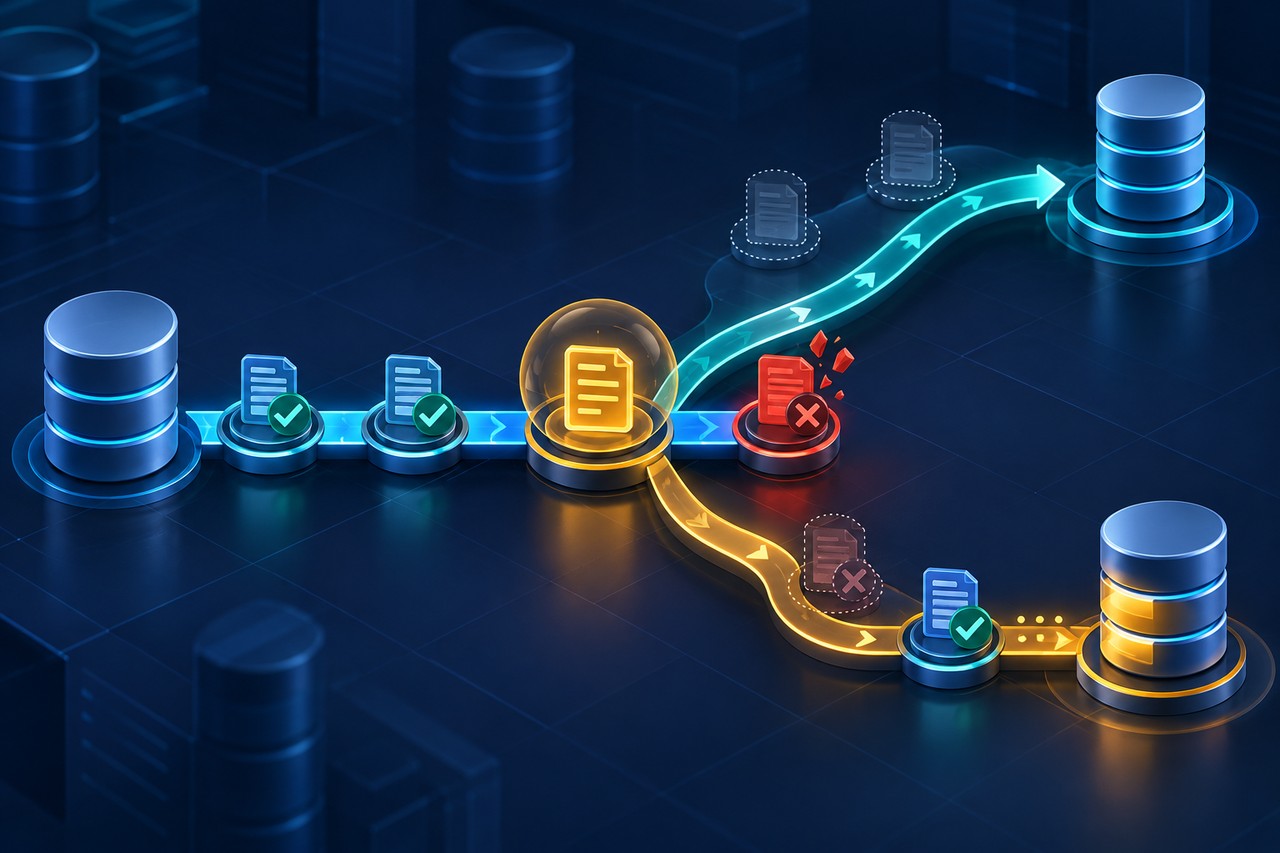 比较完整回滚与返回先前保存点两种恢复路径的原创插画。