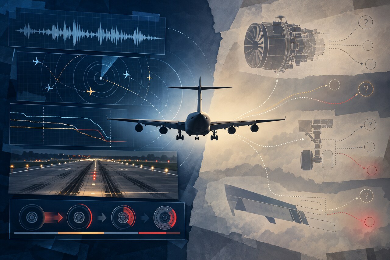 区分 NTSB 调查中已记录证据与待解问题的原创编辑示意图。